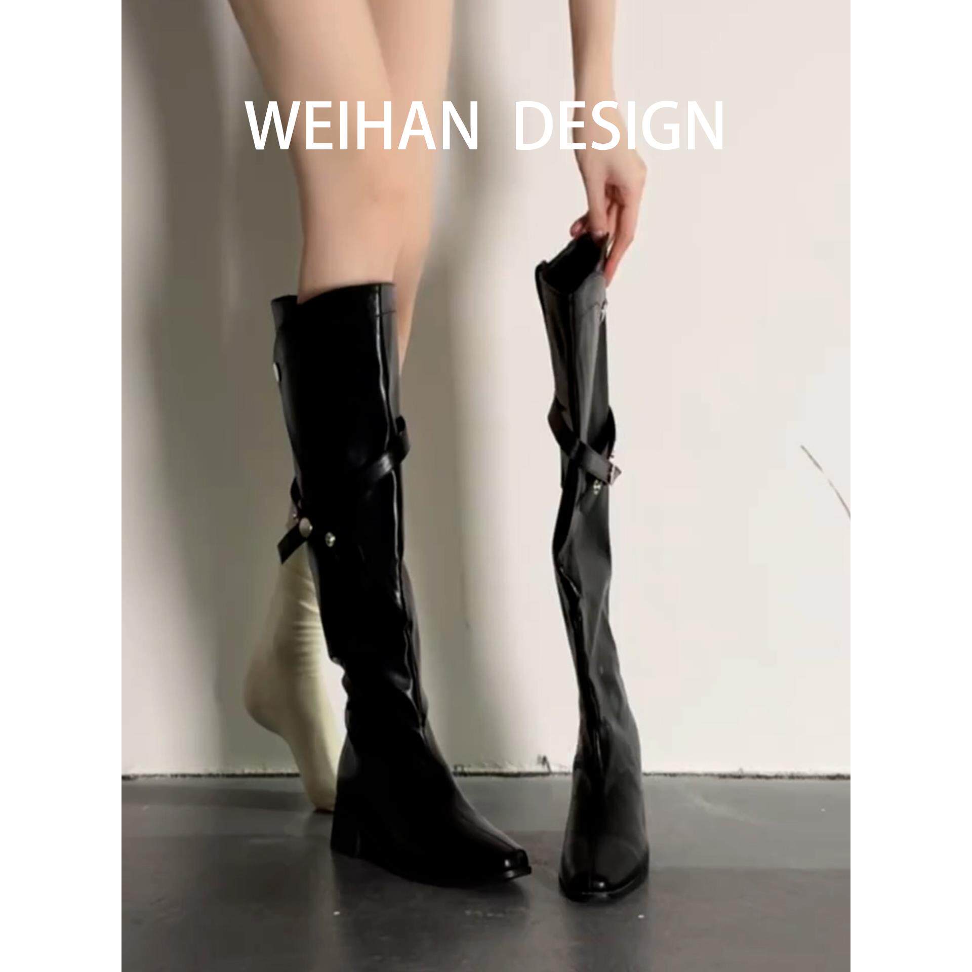 羊皮版！尖头显瘦粗跟长靴黑色秋冬高筒骑士靴英伦风皮带扣时装靴,女鞋,骑士靴,淘宝优惠券,粉丝福利购,淘宝优惠卷