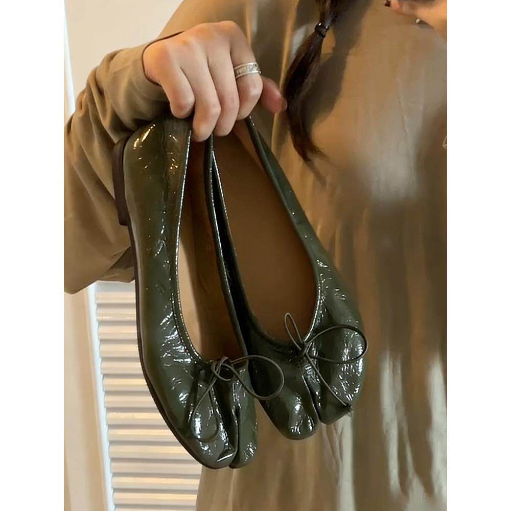 羊皮版!巨好看绝美单鞋女复古绿软皮蝴蝶结一脚蹬平底分趾猪蹄鞋