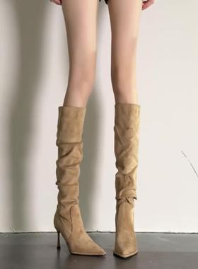 尖头细跟高跟靴子女卡其色绒面过膝长靴复古褶皱堆堆靴辣妹长筒靴