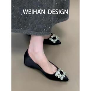 羊皮版！尖头绸缎水钻平底单鞋温柔浅口瓢鞋配裙子内增高晚晚鞋