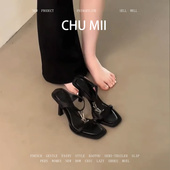 羊皮版 金属扣一字带细跟高跟鞋 小众设计感露趾凉鞋 女2025新款