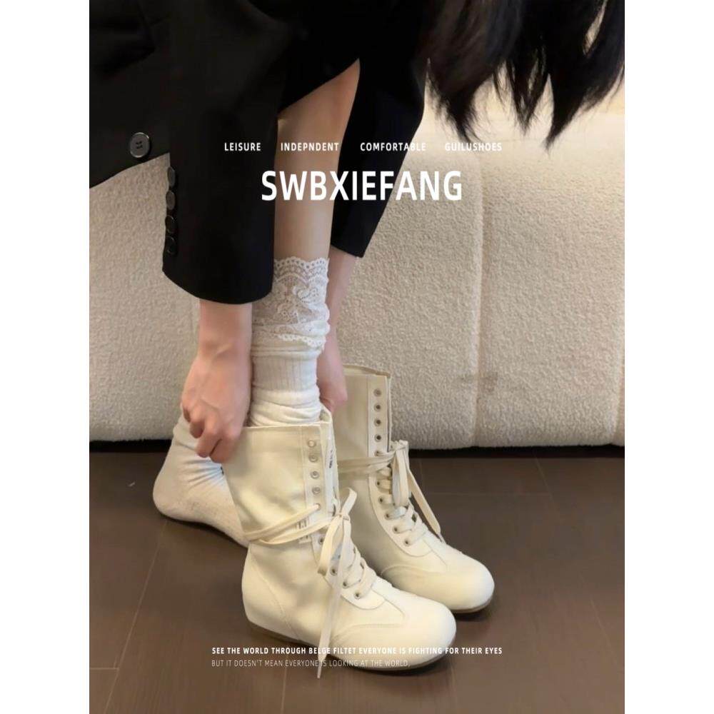 真皮！内增高中筒拳击靴女2025秋冬白色系带勃肯靴圆头百搭马丁靴