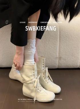 真皮！内增高中筒拳击靴女2025秋冬白色系带勃肯靴圆头百搭马丁靴