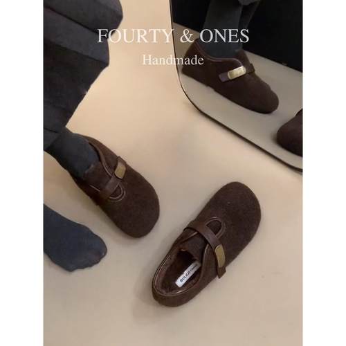 牛皮版~复古风绒面勃肯鞋冬加绒毛毛乐福鞋女金属皮带扣豆豆单鞋