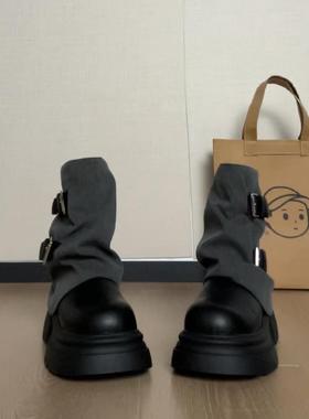 羊皮版！圆头厚底裤管靴复古皮带扣马丁靴秋冬2025超火小短靴女