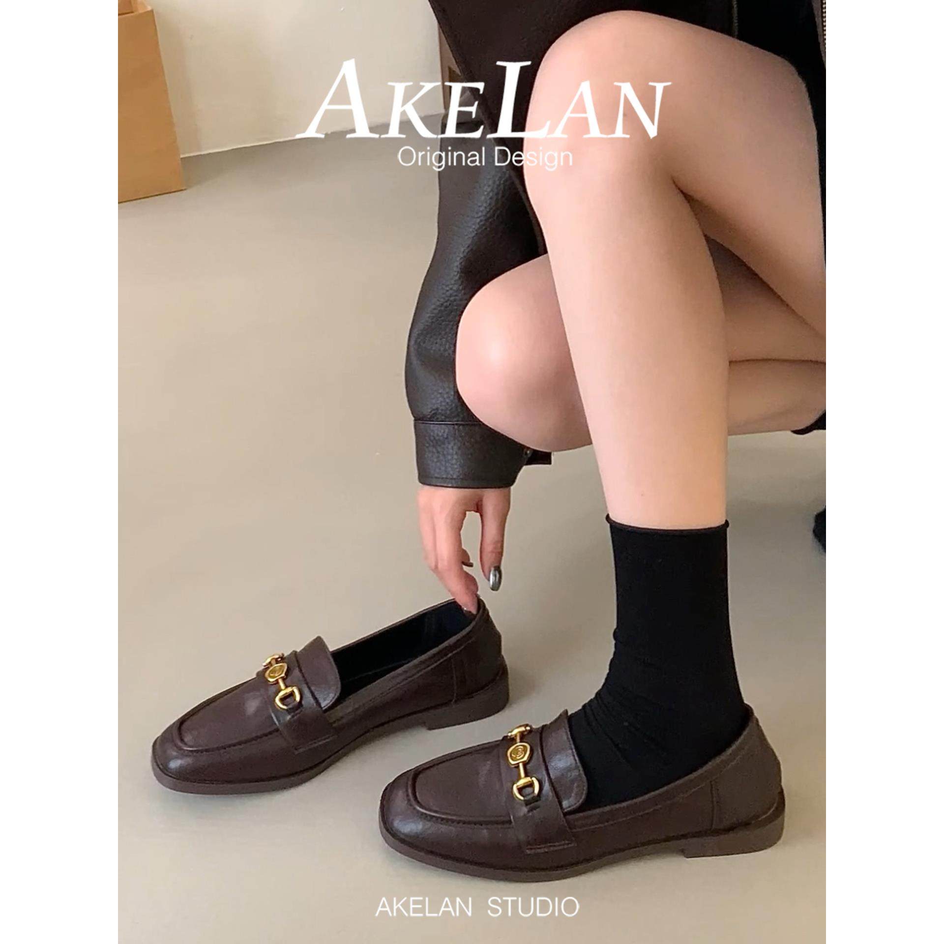 羊皮版~法式复古乐福鞋女春秋搭扣一脚蹬小皮鞋平底圆头英伦单鞋