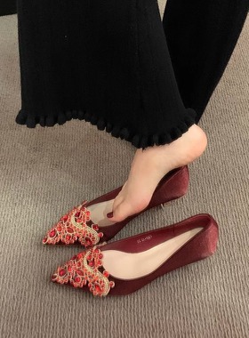 羊皮版！晚风温柔水钻红色新娘鞋婚鞋秀禾高跟鞋单鞋气质法式尖头