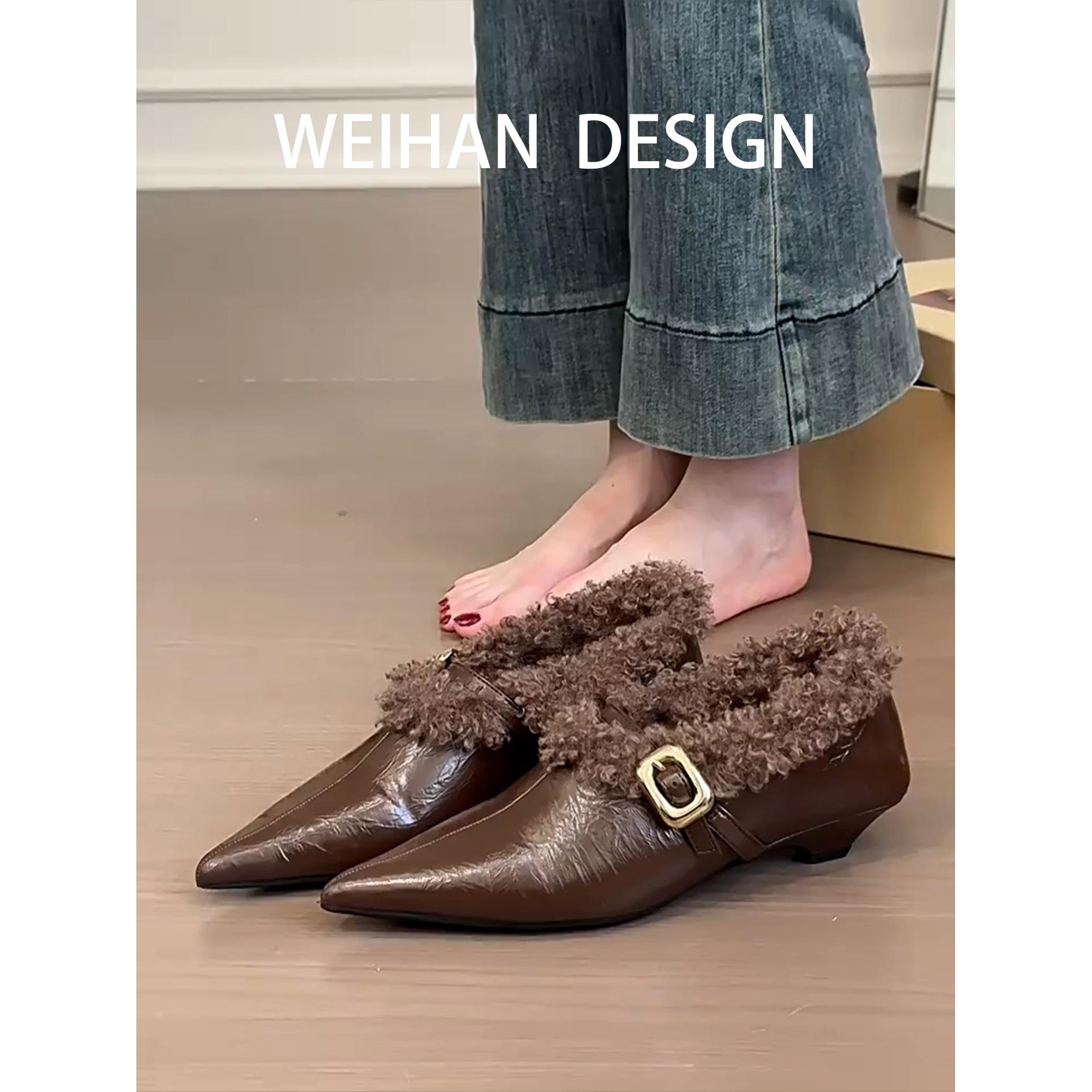 羊皮版！韩系复古羊卷毛尖头小皮鞋金属扣秋冬毛毛单鞋跛低跟棉鞋
