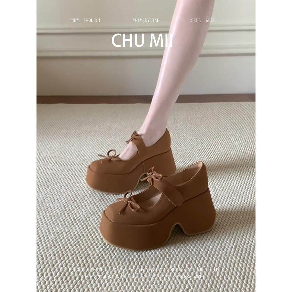 羊皮版~复古厚底方头玛丽珍鞋女增高松糕底高跟鞋蝴蝶结浅口单鞋