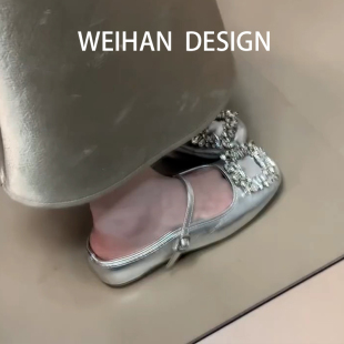 羊皮版！法式水钻方扣包头半拖鞋女夏外穿内增高银色玛丽珍凉拖鞋
