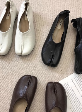 全牛皮！高级韩国小众设计猪蹄鞋女复古个性分趾粗跟单鞋奶奶鞋