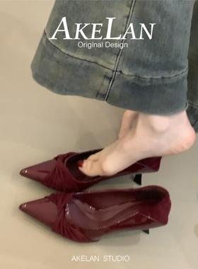 羊皮版~红色复古尖头高跟鞋女褶皱漆皮配裙子浅口单鞋细跟晚晚鞋
