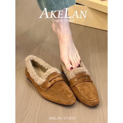 羊皮版~绒面复古辣妹毛毛小皮鞋女一脚蹬加绒保暖棉鞋内增高单鞋