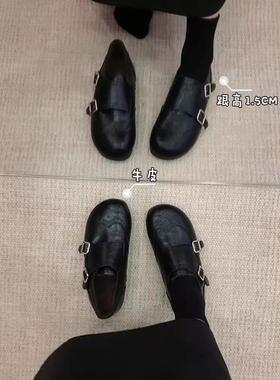 复古雕花皮带扣小皮鞋女2025年秋冬季新款通勤一脚蹬加绒平底单鞋