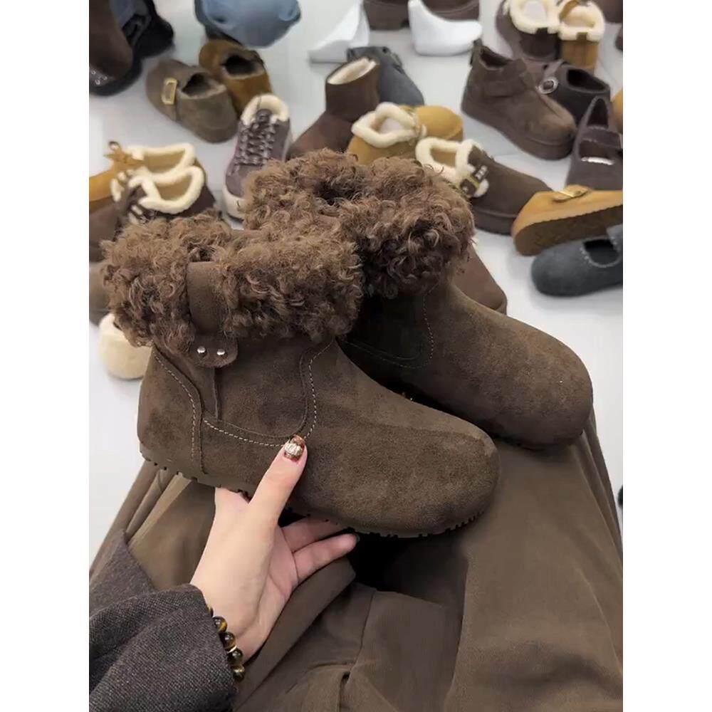 牛皮版！美拉德勃肯靴女秋冬新款复古毛毛加绒保暖厚底短筒雪地靴