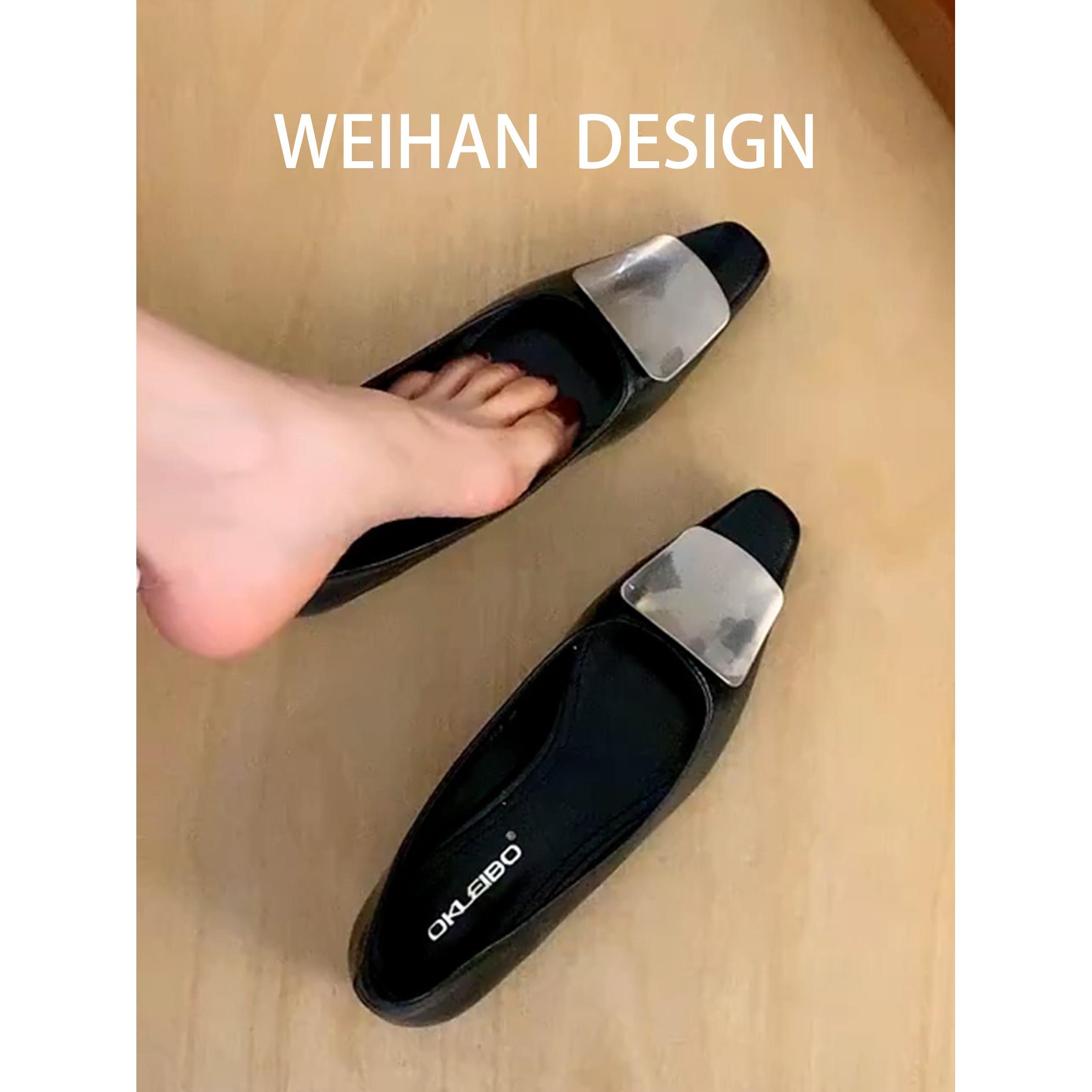 羊皮版!韩式通勤风小方头单鞋女外穿一脚蹬金属扣浅口内增高瓢鞋