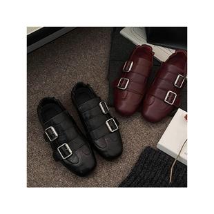 羊皮版~复古时髦小众轻便通勤深口乐福鞋女方头皮带扣平底小皮鞋