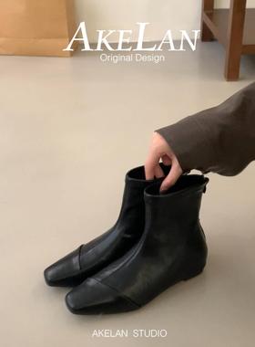 羊皮版~黑色小个子方头短靴女冬低跟加绒弹力瘦瘦靴内增高及裸靴