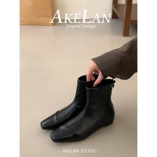 羊皮版~黑色小个子方头短靴女冬低跟加绒弹力瘦瘦靴内增高及裸靴