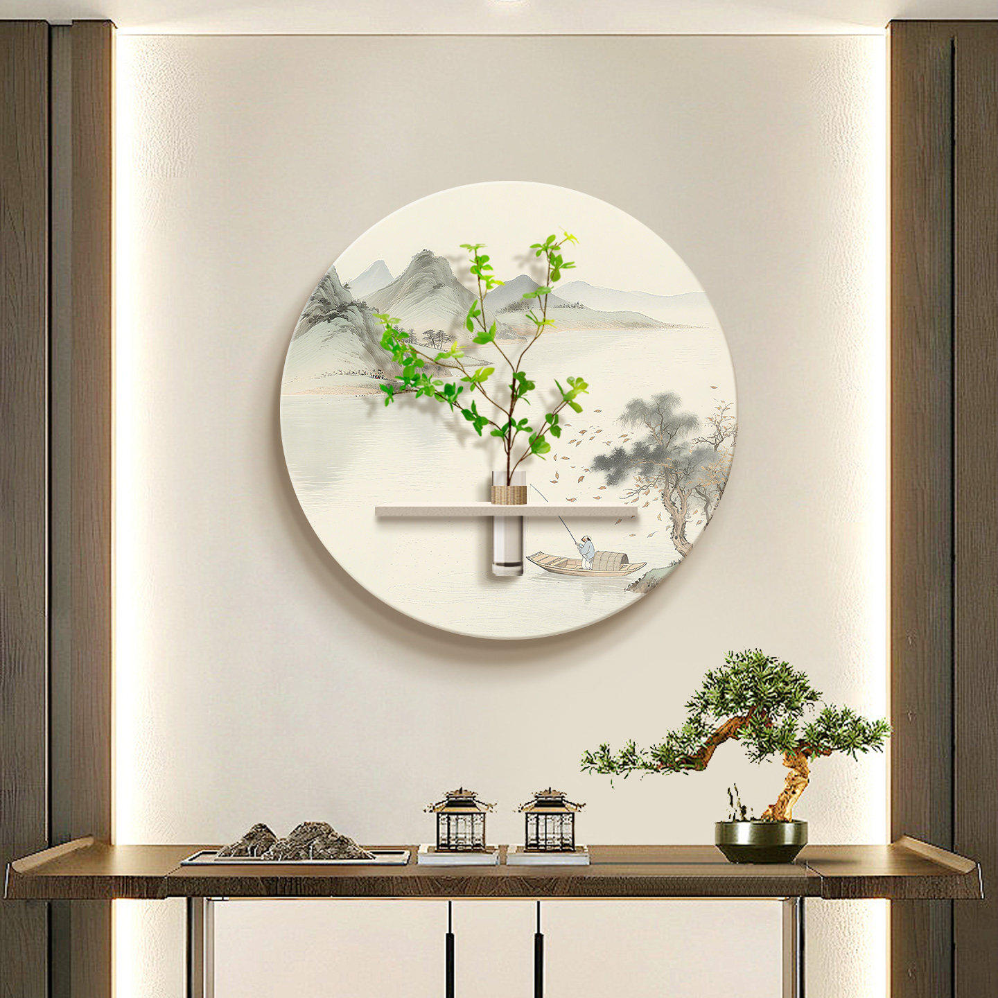 中国风圆形装饰画玄关风景画客厅餐厅新中式壁画饭店走廊过道挂画