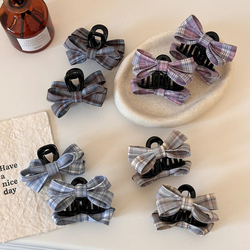 韩版新款学院风格子蝴蝶结公主抓夹气质格纹鸭嘴发夹后脑勺发卡女