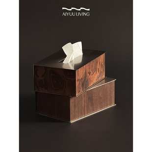 饰轻奢木纹抽纸盒 不锈钢纸巾盒高级家居摆件桌面装 AIYUU LIVING