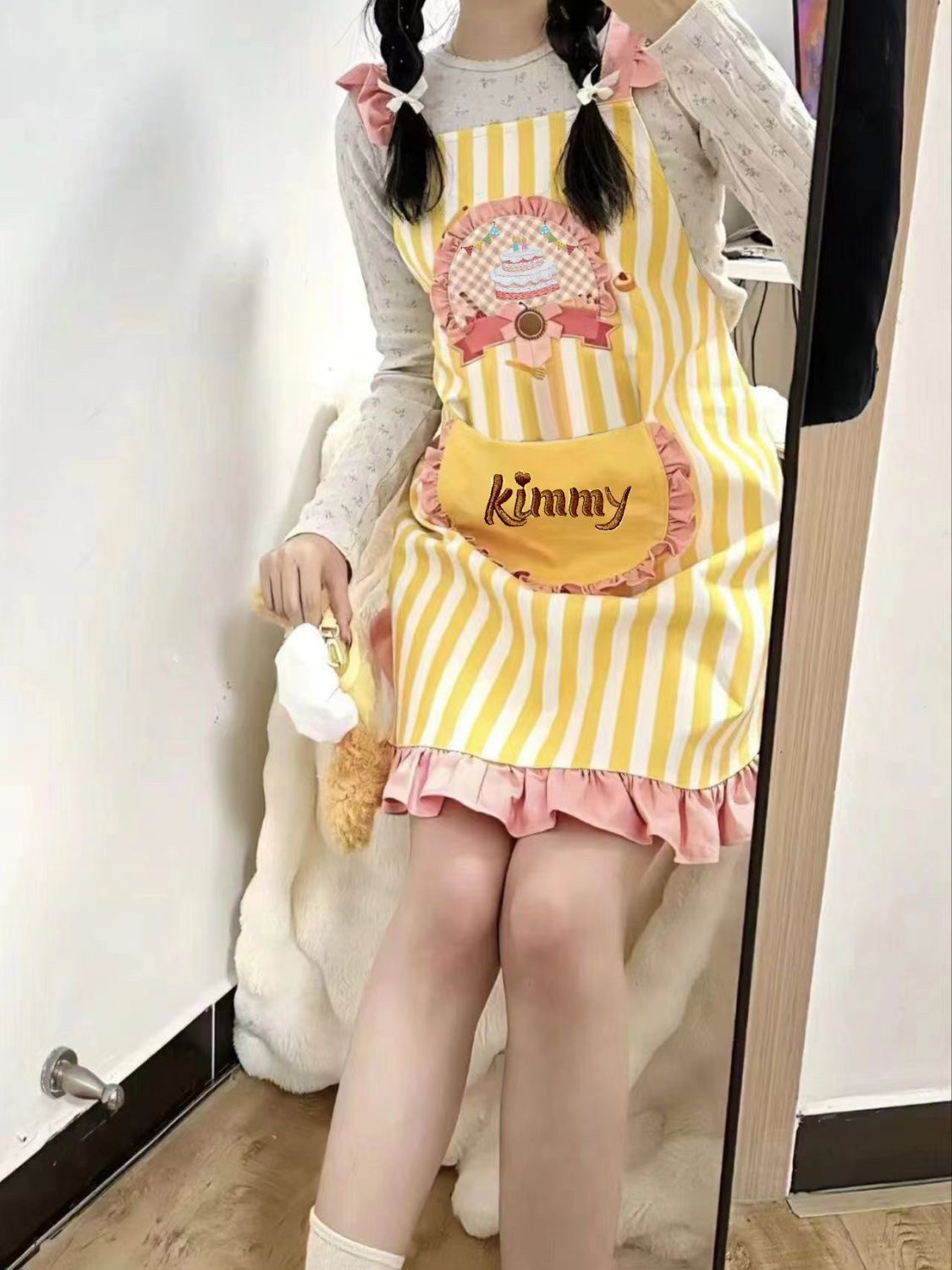 可爱条纹公主风家居围裙宽松花边甜品店卡通围裙烘焙厨房
