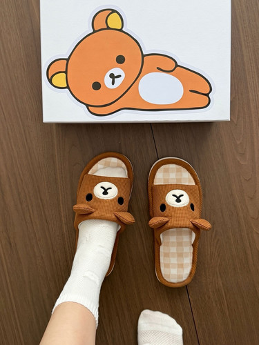 可爱小熊亚麻拖鞋女士夏季卡通居家防滑耐磨透气吸汗不闷脚开口拖