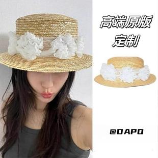 mona同款白色花朵太阳帽子草编度假风编织草帽遮阳防晒平顶帽法式