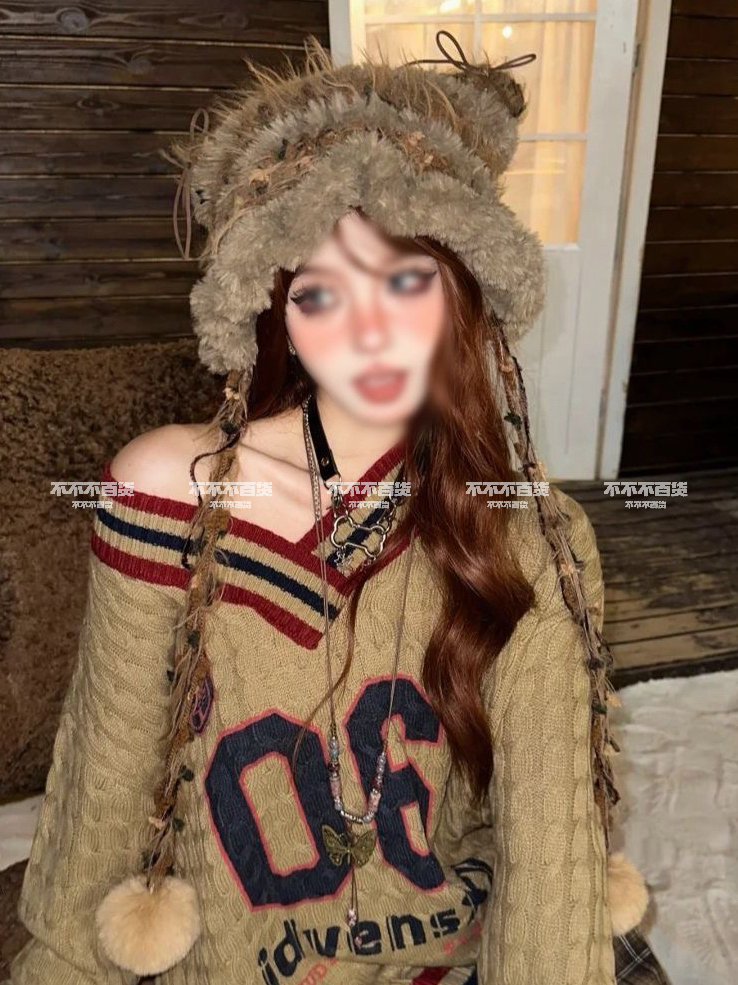 复古小熊蝴蝶结拼接条纹针织毛线帽秋冬季加厚保暖花瓣帽檐针织帽