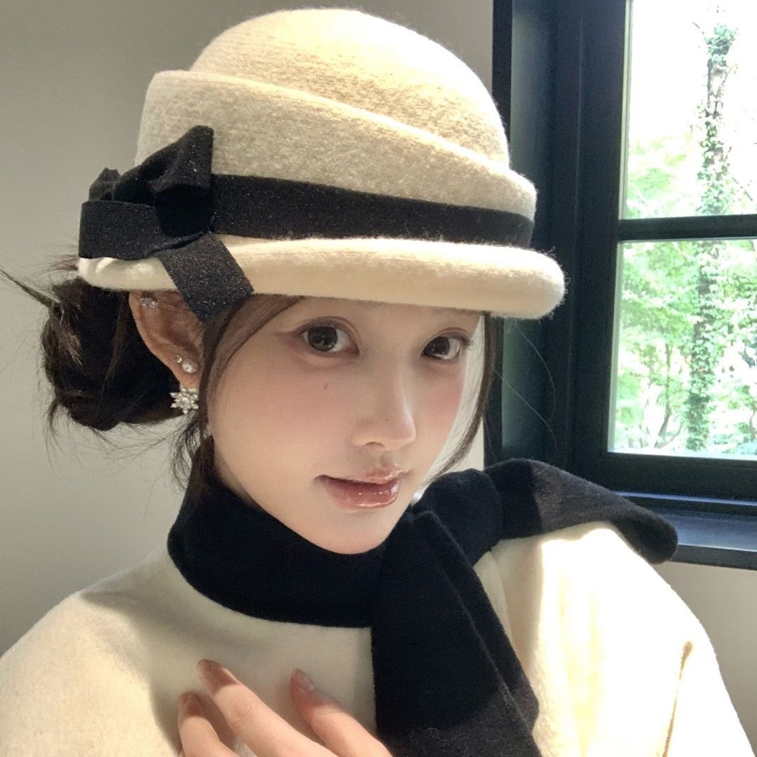 赫本英伦黑白丝绒蝴蝶结小礼帽头饰海军风jk少女学院圆顶水手帽子