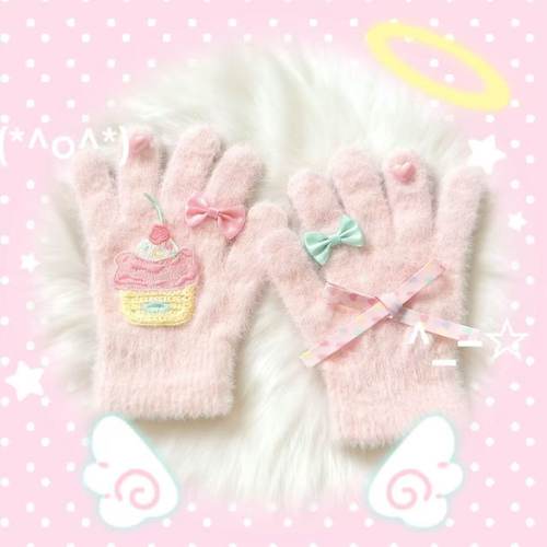 原创粉粉暖冬蛋糕蝴蝶结古早甜妹保暖手套毛绒加绒可爱氛围感冬季