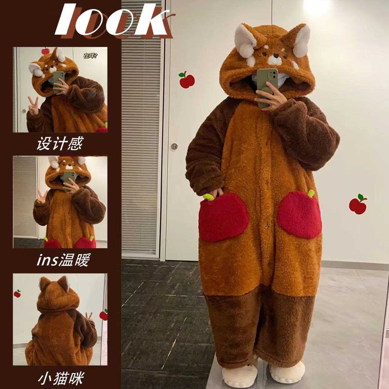 网红爆款可爱小浣熊毛绒睡袍男女秋冬季珊瑚绒睡衣熊猫家居服套装