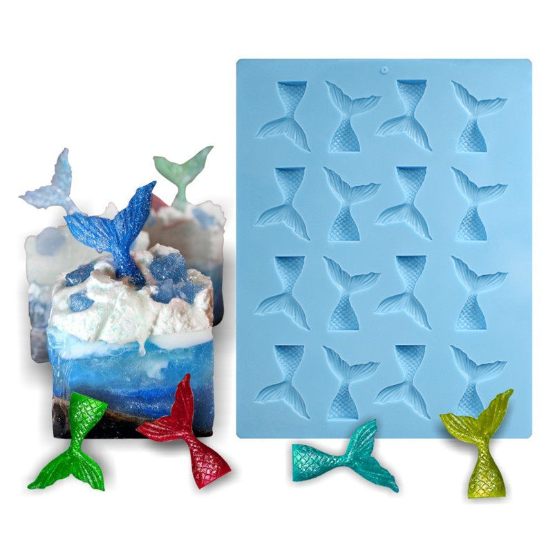 包邮16连迷你小号美人鱼硅胶模具鱼尾翻糖巧克力模具纸杯蛋糕装饰