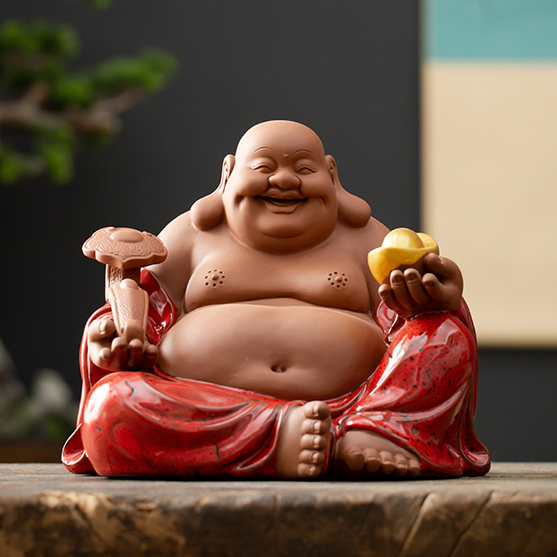 辉道 大号紫砂弥勒佛像窑变釉笑口常开家居饰品乔迁礼品客厅摆件