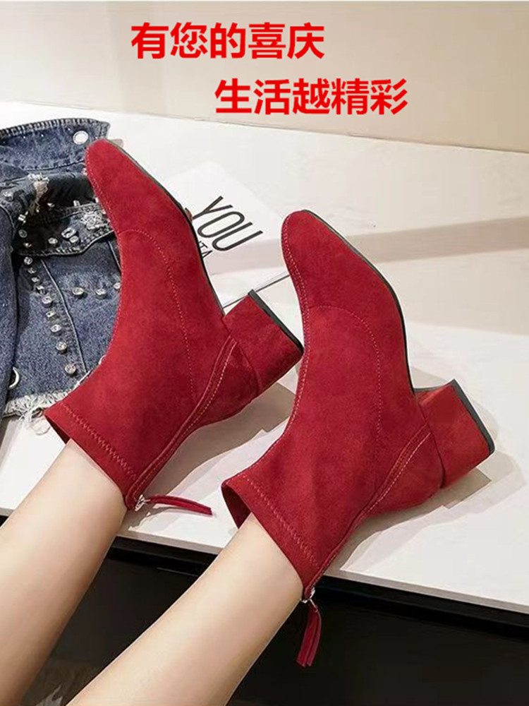 WINTER STYLE VELVET BRIDAL SHOES BURGUNDY WEDDING SHOW TWO WEARING BOOTS BLOCK HEELS HIGH HEELS MEDIUM HEEL BOOTS BOOTIES WOMEN
