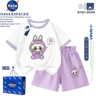 NASA联名卡通拉布布Labubu女童纯棉儿童短袖百褶裙短裤套装夏T恤