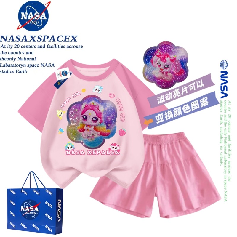 NASA联名爱心萌可亮片变图案夏季2025新款公主裙套装女孩裙儿童