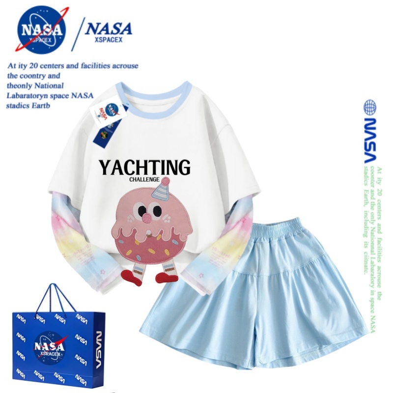 NASA联名卡通立体刺绣百搭女童防晒袖t恤短裤夏儿童半袖拼接套装