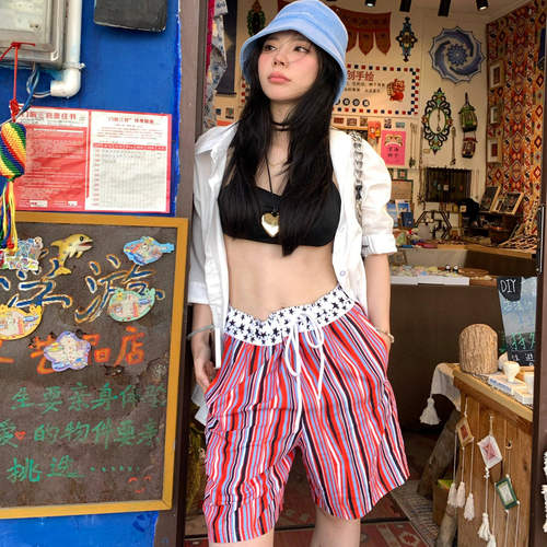 美式复古辣妹条纹抽绳宽松直筒裤女2026夏季新款小众百搭休闲短裤