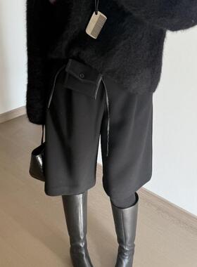 法式浪漫简约高腰黑色毛呢五分裤女秋冬新款百搭宽松直筒阔腿短裤