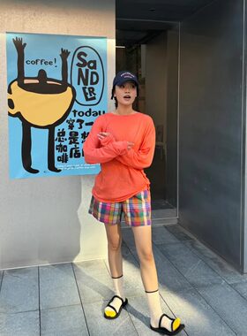 日系复古彩色格纹棉质松紧腰短裤