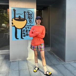 日系复古彩色格纹棉质松紧腰短裤秋季新款高腰松紧宽松休闲格子裤