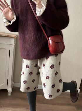 日系复古棉羊毛碎花针织休闲五分裤秋冬新款加厚百搭宽松直筒裤子