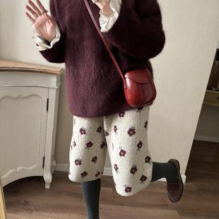 子 加厚百搭宽松直筒裤 日系复古棉羊毛碎花针织休闲五分裤 秋冬新款