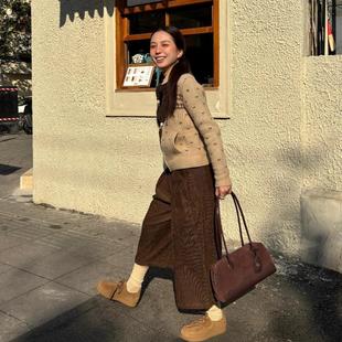简约高腰复古棕色灯芯绒七分裤女秋冬新款加厚百搭宽松直筒阔腿裤