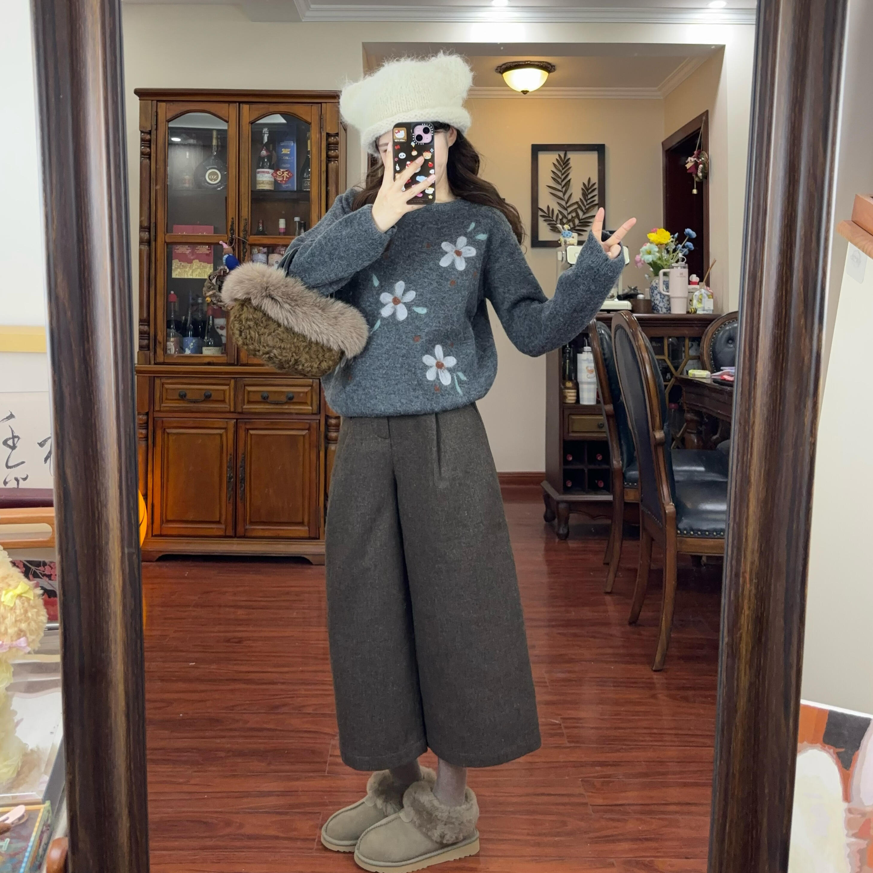 日系复古灰色毛呢加厚八分裤女秋冬新款百搭休闲宽松气质阔腿裤子