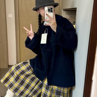 百搭高腰半松紧腰显瘦阔腿裤 日系感复古黄格纹宽松裙裤 女秋冬新款