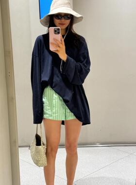 美式复古辣妹绿色条纹高腰休闲短裤女夏季新款小众度假风沙滩裤子