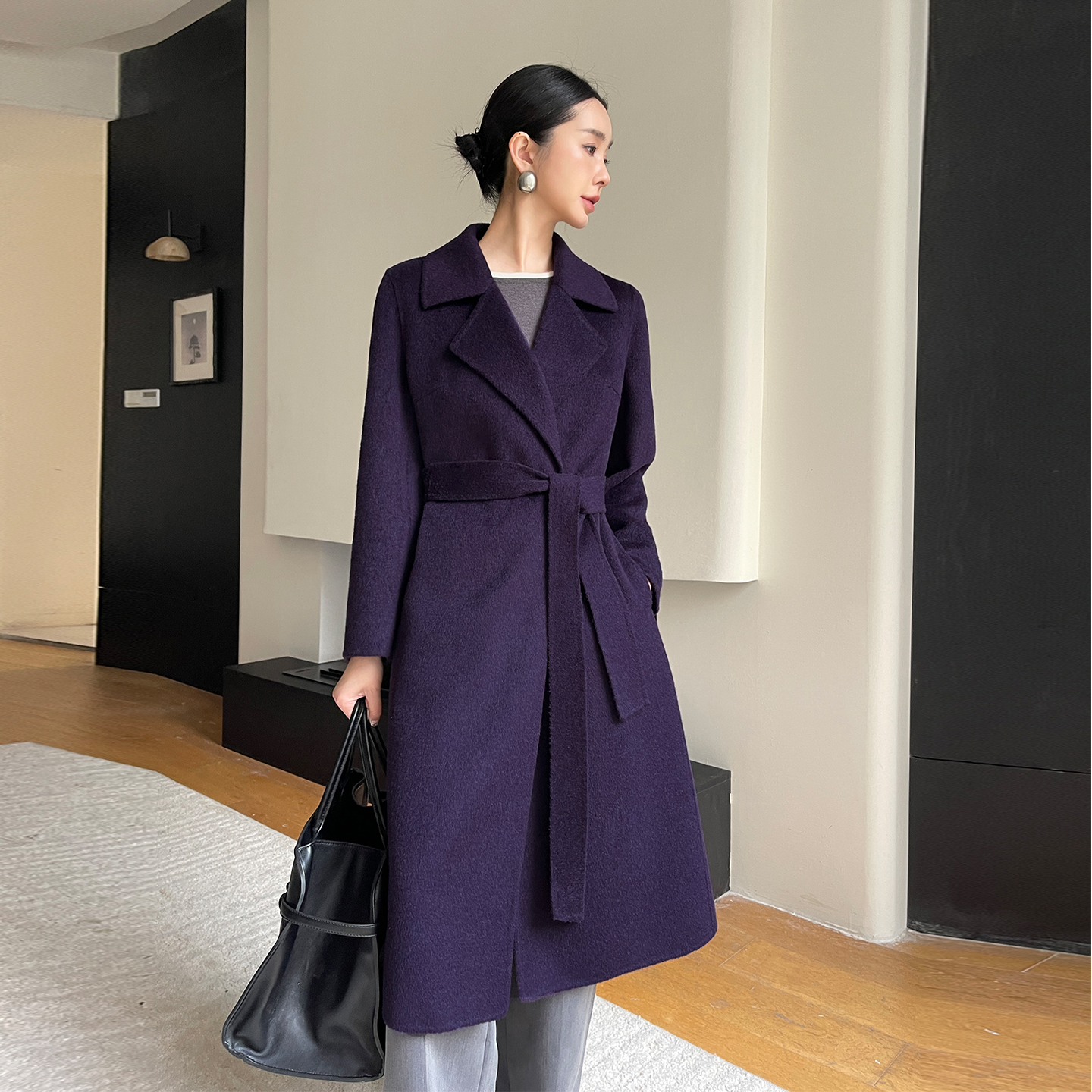 高端修身系带羊毛呢子外套中长款